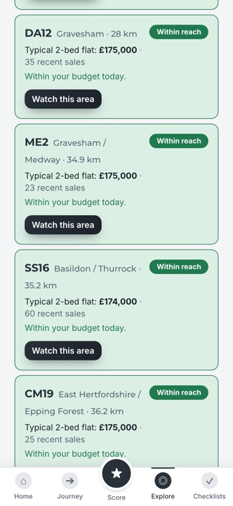 The Where could I buy screen: nearby areas marked within reach, a stretch or not yet